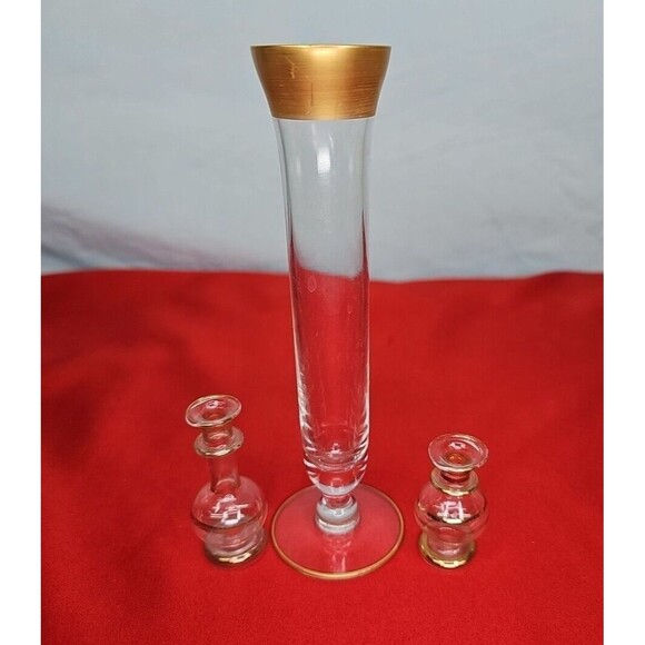Crystal Bud Vase Set of 3 Gold 24K Trim Mini Footed Slender Flute - Picture 5 of 13
